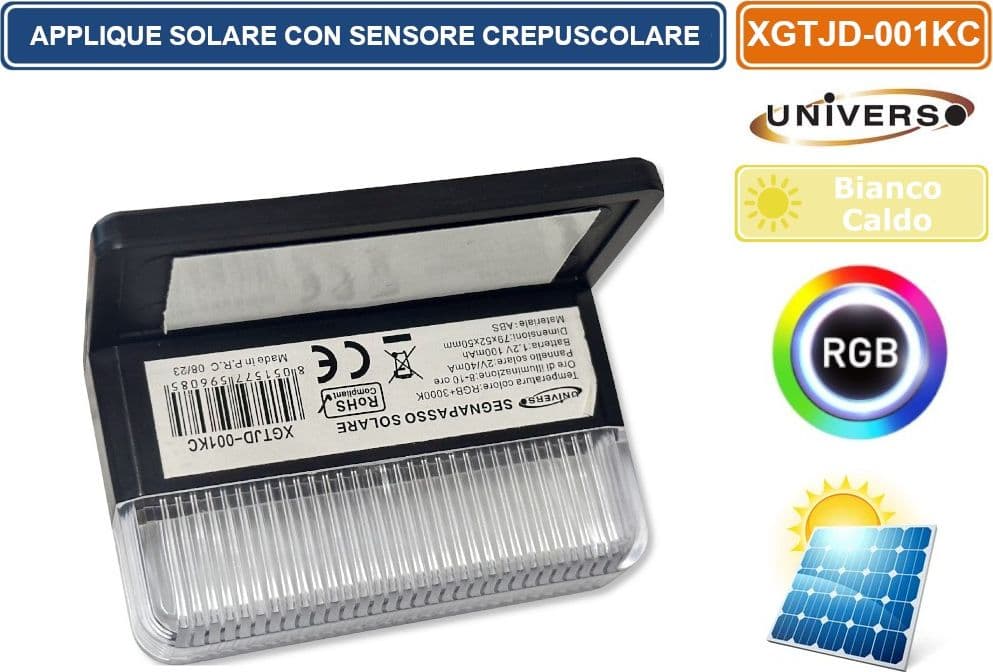 APPLIQUE LAMPADA LED DA ESTERNO CON PANNELLO SOLARE E CREPUSCOLARE COLORE LUCE 3000K + RGB - 2