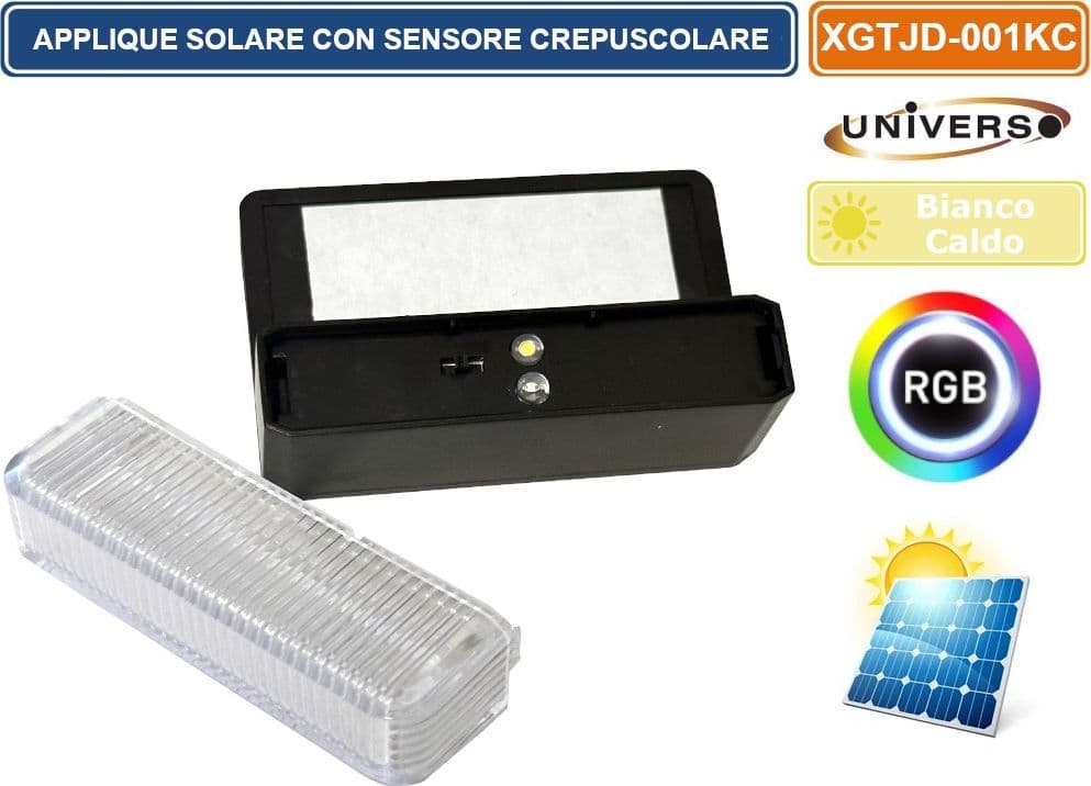 APPLIQUE LAMPADA LED DA ESTERNO CON PANNELLO SOLARE E CREPUSCOLARE COLORE LUCE 3000K + RGB - 3