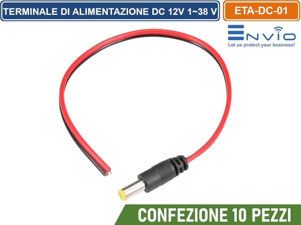 CONFEZIONE 10 PEZZI CAVO TERMINALE DI ALIMENTAZIONE 25 CM CON CONNETTORE CC MASCHIO DC 12V 1~38 V - 2