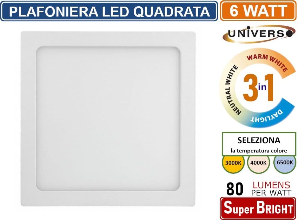 UNIVERSO PLAFONIERA LED QUADRATA 6W SMD IP20 BIANCA COLORE LUCE 3 IN 1 SELEZIONABILE CCT - 2