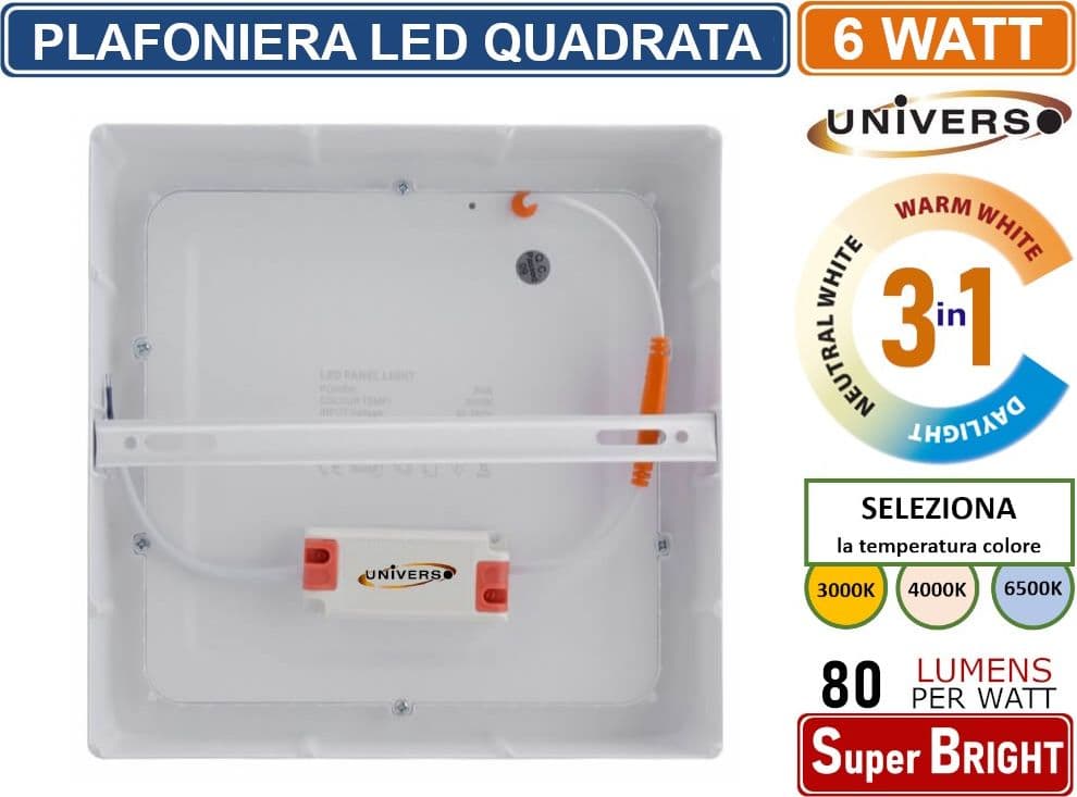 UNIVERSO PLAFONIERA LED QUADRATA 6W SMD IP20 BIANCA COLORE LUCE 3 IN 1 SELEZIONABILE CCT - 4
