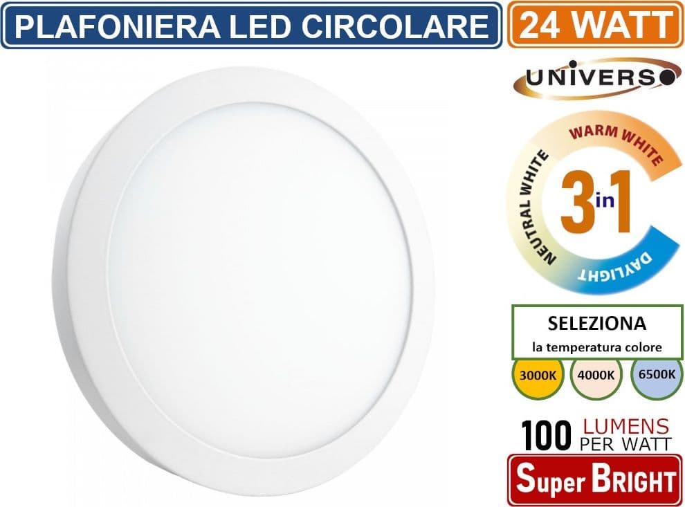 UNIVERSO PLAFONIERA LED ROTONDA CIRCOLARE 24W SMD IP20 BIANCA COLORE LUCE 3 IN 1 SELEZIONABILE CCT - 2