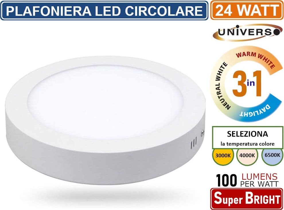 UNIVERSO PLAFONIERA LED ROTONDA CIRCOLARE 24W SMD IP20 BIANCA COLORE LUCE 3 IN 1 SELEZIONABILE CCT - 4