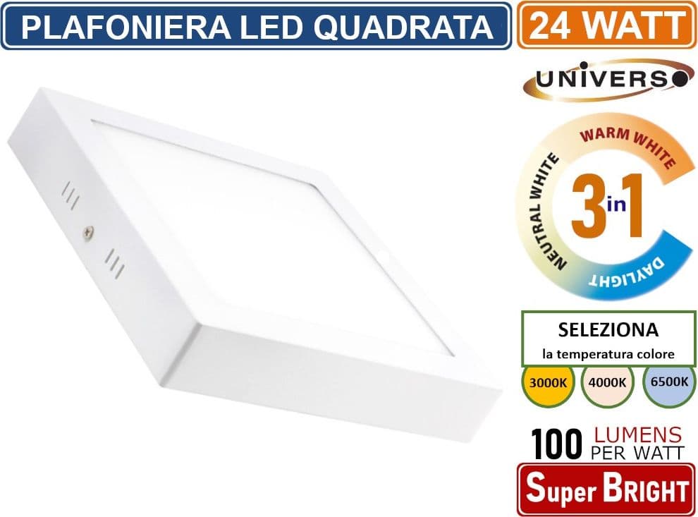UNIVERSO PLAFONIERA LED QUADRATA 24W SMD IP20 BIANCA COLORE LUCE 3 IN 1 SELEZIONABILE CCT - 3