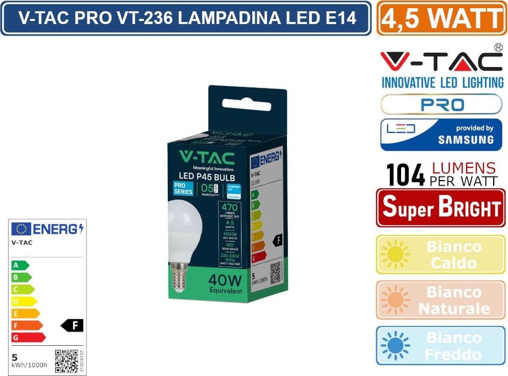 V-TAC PRO VT-236 LAMPADINA LED E14 4,5W MINIGLOBO P45 CHIP SAMSUNG - SKU 21168 / 21169 / 21170 - 2