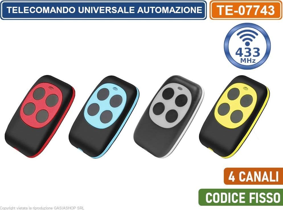 TELECOMANDO RADIOCOMANDO RF PER DUPLICAZIONE AUTOMAZIONE CANCELLI 4 CANALI FREQUENZA 433 MHZ CODICE FISSO COLORI ASSORTITI