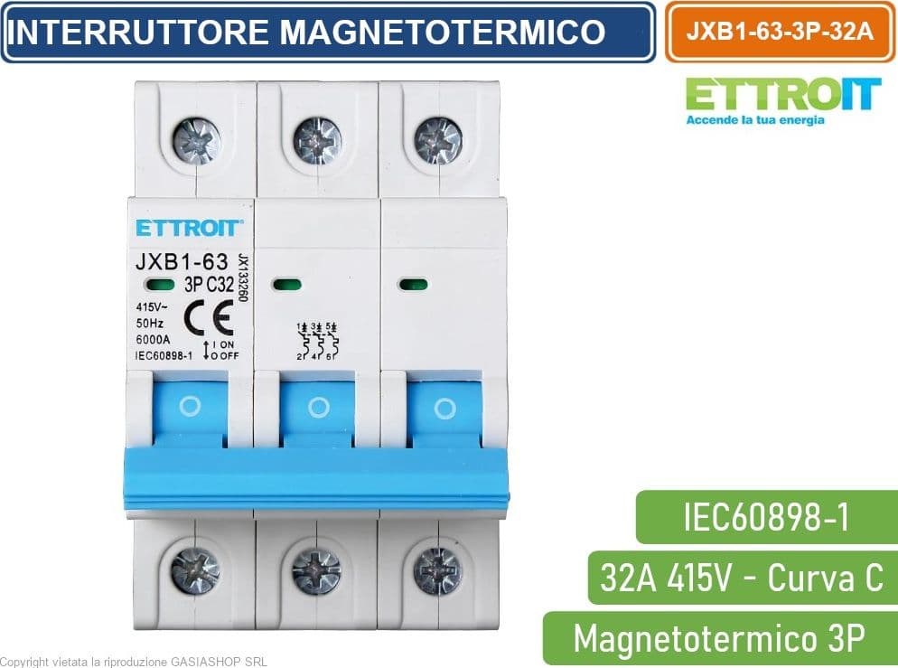 ETTROIT INTERRUTTORE MEGNETOTERMICO PER BARRA DIN 3 MODULI 3P 415V CURVA C 6KA 32A - 2