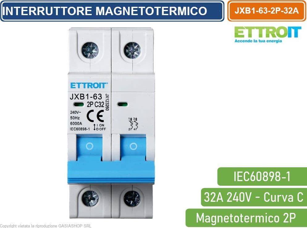 ETTROIT INTERRUTTORE MEGNETOTERMICO PER BARRA DIN 2 MODULI 2P 240V CURVA C 6KA 32A - 2