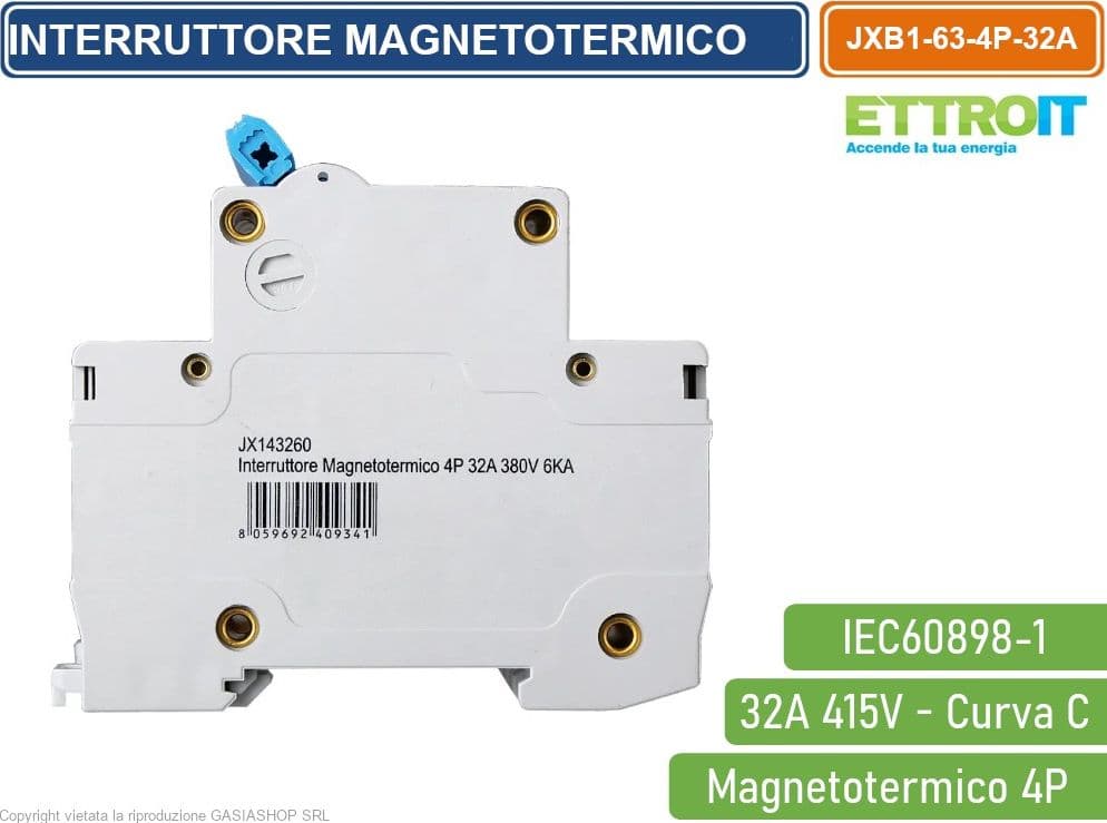 ETTROIT INTERRUTTORE MEGNETOTERMICO PER BARRA DIN 4 MODULI 4P 415V CURVA C 6KA 32A - 3