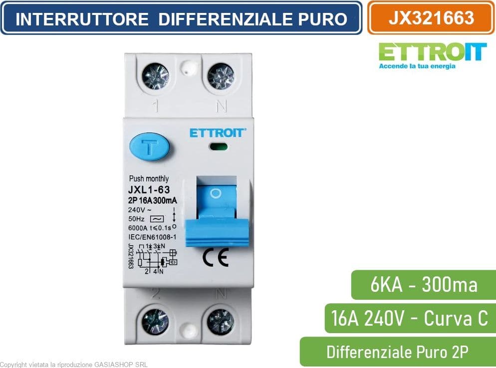 ETTROIT INTERRUTTORE DIFFERENZIALE PURO SALVAVITA PER BARRA DIN 2 MODULI 2P 16A 240V 300mA 6KA - 2