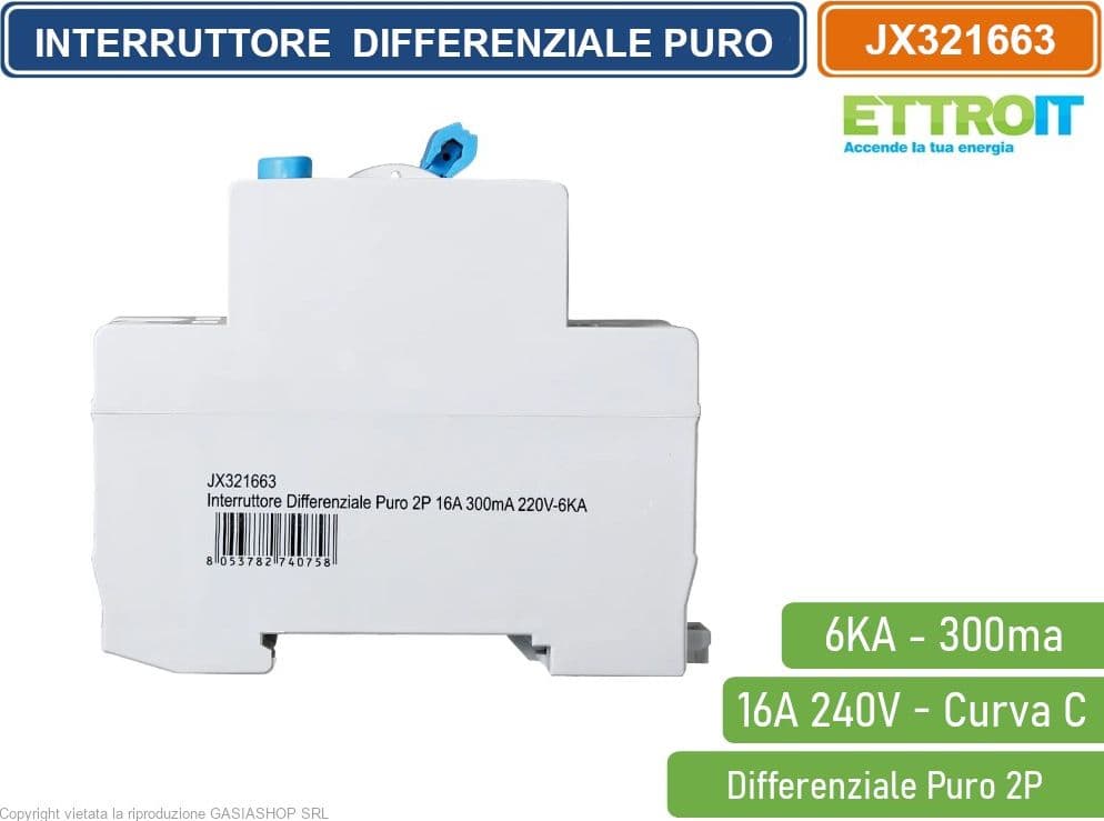 ETTROIT INTERRUTTORE DIFFERENZIALE PURO SALVAVITA PER BARRA DIN 2 MODULI 2P 16A 240V 300mA 6KA - 3