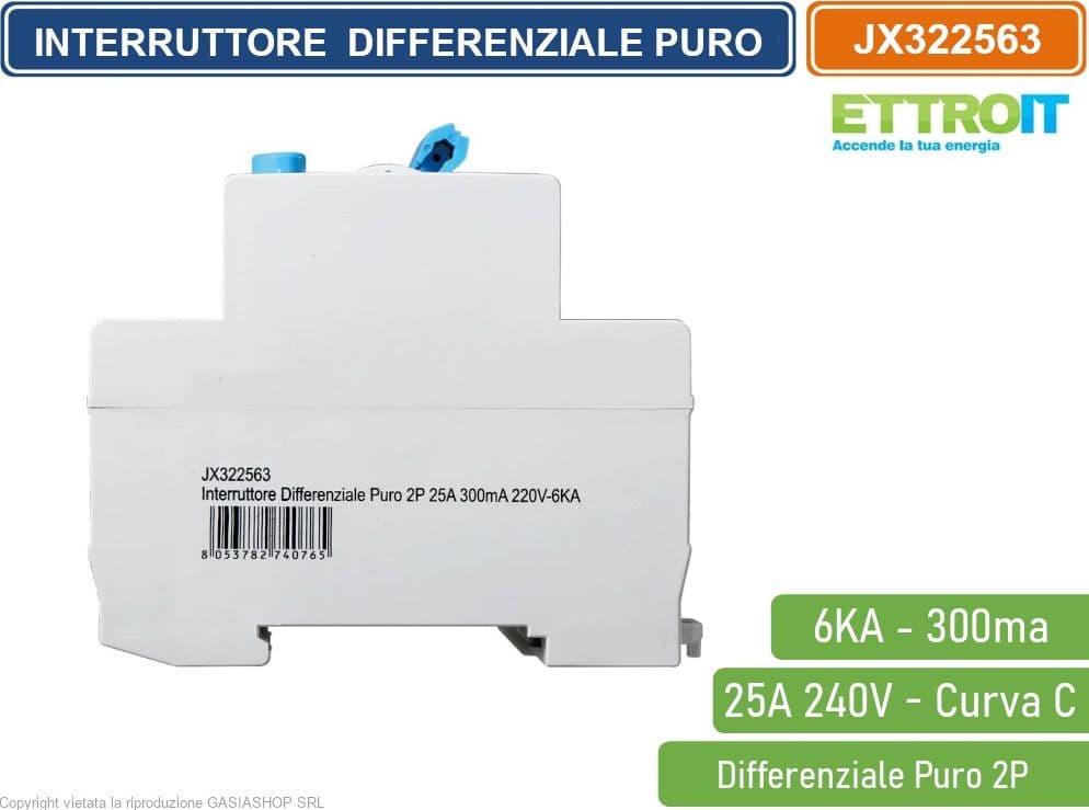 ETTROIT INTERRUTTORE DIFFERENZIALE PURO SALVAVITA PER BARRA DIN 2 MODULI 2P 25A 240V 300mA 6KA - 3