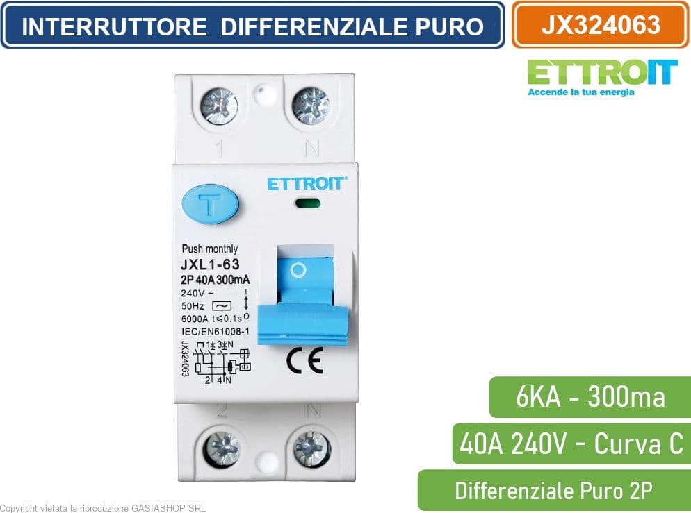 ETTROIT INTERRUTTORE DIFFERENZIALE PURO SALVAVITA PER BARRA DIN 2 MODULI 2P 40A 240V 300mA 6KA - 2