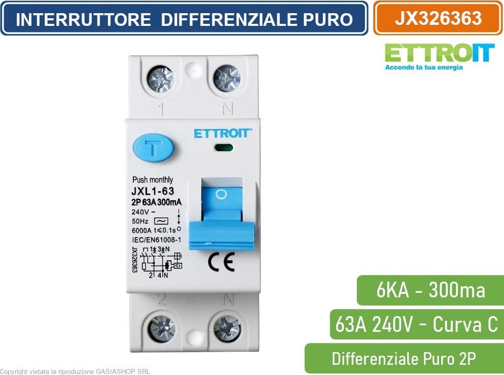 ETTROIT INTERRUTTORE DIFFERENZIALE PURO SALVAVITA PER BARRA DIN 2 MODULI 2P 63A 240V 300mA 6KA - 2
