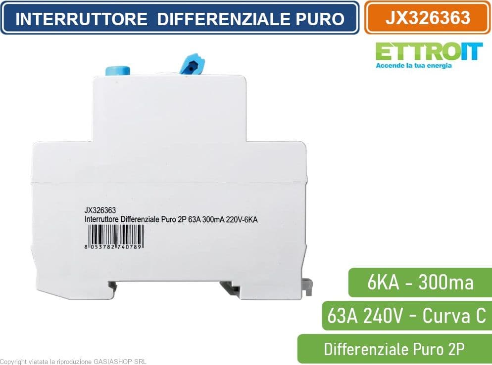 ETTROIT INTERRUTTORE DIFFERENZIALE PURO SALVAVITA PER BARRA DIN 2 MODULI 2P 63A 240V 300mA 6KA - 3