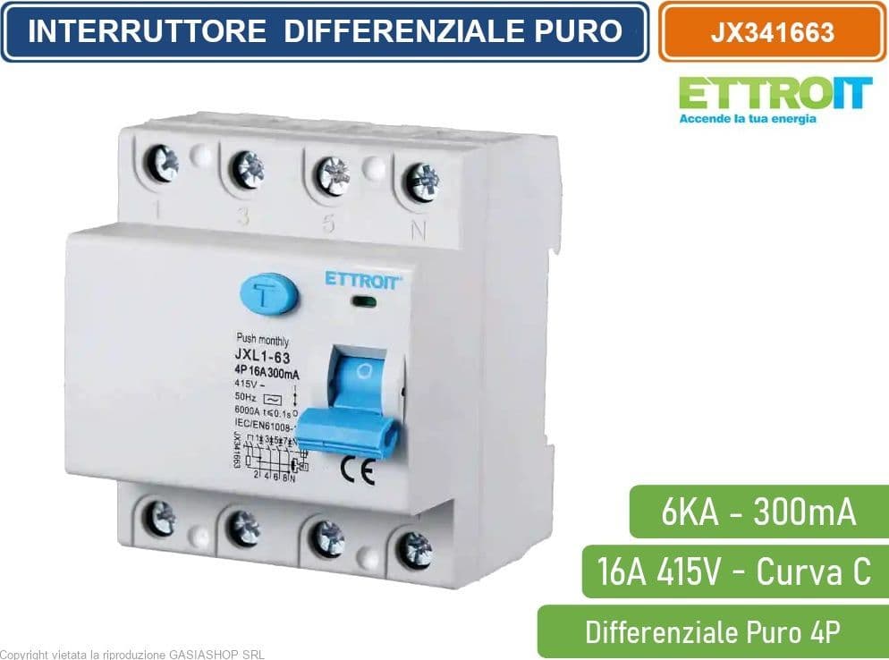 ETTROIT INTERRUTTORE MAGNETOTERMICO DIFFERENZIALE PURO SALVAVITA PER BARRA DIN 4 MODULI 4P 16A 415V 300mA 6KA - 4