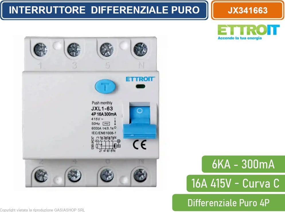 ETTROIT INTERRUTTORE MAGNETOTERMICO DIFFERENZIALE PURO SALVAVITA PER BARRA DIN 4 MODULI 4P 16A 415V 300mA 6KA - 2