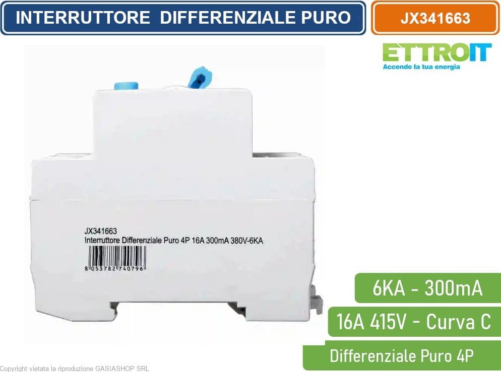 ETTROIT INTERRUTTORE MAGNETOTERMICO DIFFERENZIALE PURO SALVAVITA PER BARRA DIN 4 MODULI 4P 16A 415V 300mA 6KA - 3
