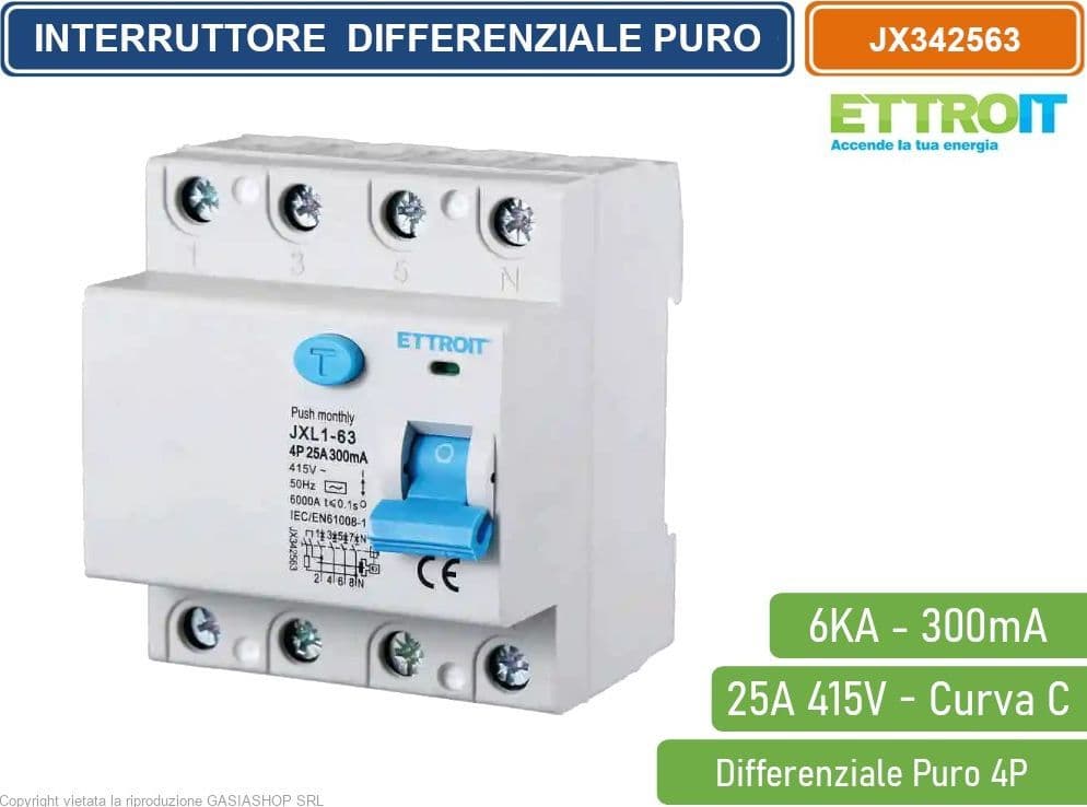 ETTROIT INTERRUTTORE MAGNETOTERMICO DIFFERENZIALE PURO SALVAVITA PER BARRA DIN 4 MODULI 4P 25A 415V 300mA 6KA - 4