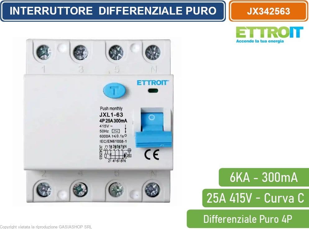 ETTROIT INTERRUTTORE MAGNETOTERMICO DIFFERENZIALE PURO SALVAVITA PER BARRA DIN 4 MODULI 4P 25A 415V 300mA 6KA - 2