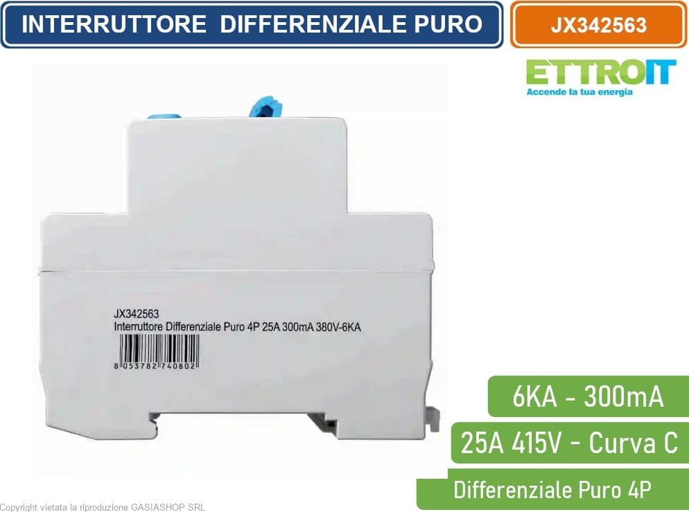 ETTROIT INTERRUTTORE MAGNETOTERMICO DIFFERENZIALE PURO SALVAVITA PER BARRA DIN 4 MODULI 4P 25A 415V 300mA 6KA - 3