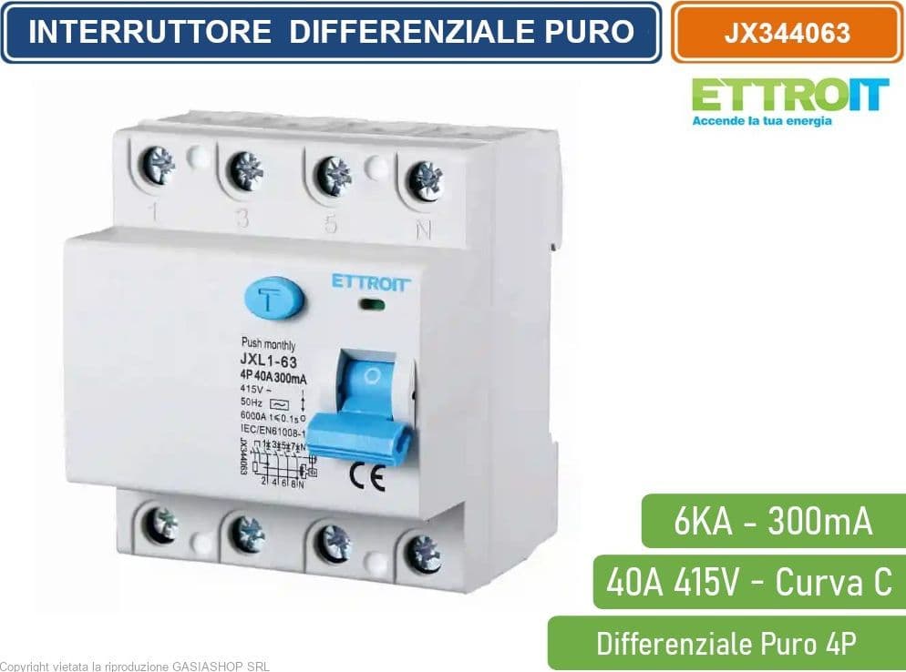 ETTROIT INTERRUTTORE MAGNETOTERMICO DIFFERENZIALE PURO SALVAVITA PER BARRA DIN 4 MODULI 4P 40A 415V 300mA 6KA - 4