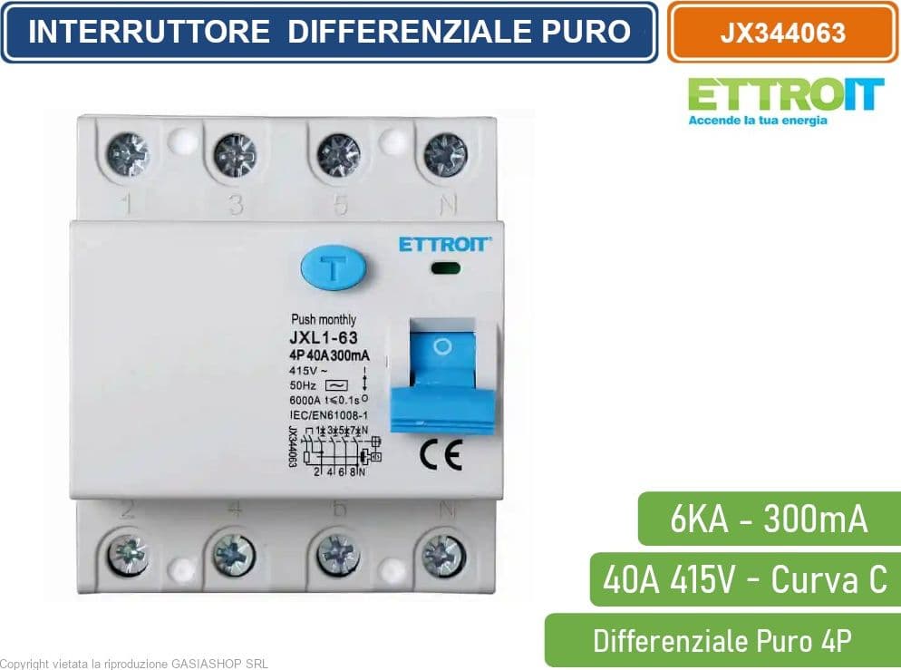 ETTROIT INTERRUTTORE MAGNETOTERMICO DIFFERENZIALE PURO SALVAVITA PER BARRA DIN 4 MODULI 4P 40A 415V 300mA 6KA - 2