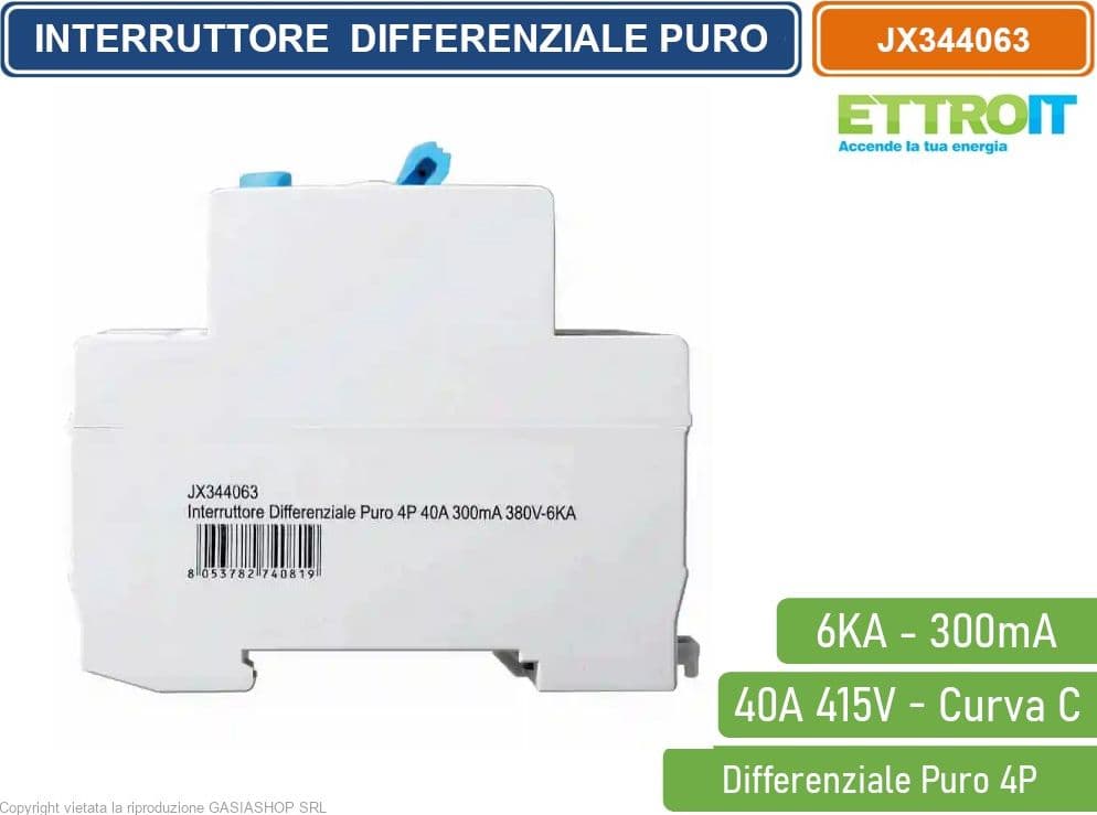 ETTROIT INTERRUTTORE MAGNETOTERMICO DIFFERENZIALE PURO SALVAVITA PER BARRA DIN 4 MODULI 4P 40A 415V 300mA 6KA - 3