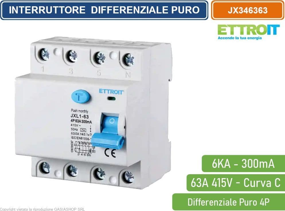 ETTROIT INTERRUTTORE MAGNETOTERMICO DIFFERENZIALE PURO SALVAVITA PER BARRA DIN 4 MODULI 4P 63A 415V 300mA 6KA - 4