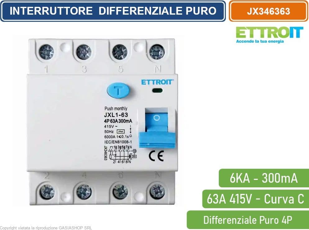 ETTROIT INTERRUTTORE MAGNETOTERMICO DIFFERENZIALE PURO SALVAVITA PER BARRA DIN 4 MODULI 4P 63A 415V 300mA 6KA - 2