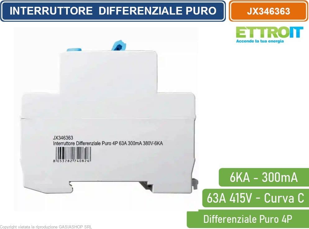ETTROIT INTERRUTTORE MAGNETOTERMICO DIFFERENZIALE PURO SALVAVITA PER BARRA DIN 4 MODULI 4P 63A 415V 300mA 6KA - 3