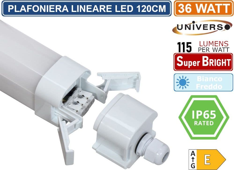 PLAFONIERA LINEARE 120CM 36W DA ESTERNO IP65 RACCORDABILE 4160 LUMEN - BIANCO FREDDO 6500K - 2