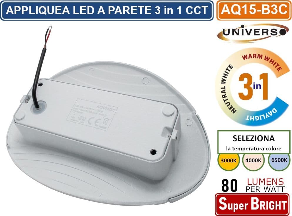 APPLIQUE LED 6W 480 LUMEN DA INTERNO MONTAGGIO A PARETE 3 TEMPERATURE DI LUCE SELEZIONABILI CCT 3000K 4000K 6500K - 2