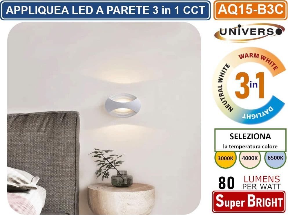 APPLIQUE LED 6W 480 LUMEN DA INTERNO MONTAGGIO A PARETE 3 TEMPERATURE DI LUCE SELEZIONABILI CCT 3000K 4000K 6500K - 3