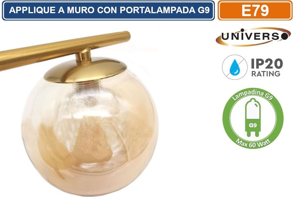 UNIVERSO APPLIQUE A SFERA DA PARETE IN METALLO E PARALUME IN VETRO AMBRATO CON ATTACCO G9 MAX 60W - 2