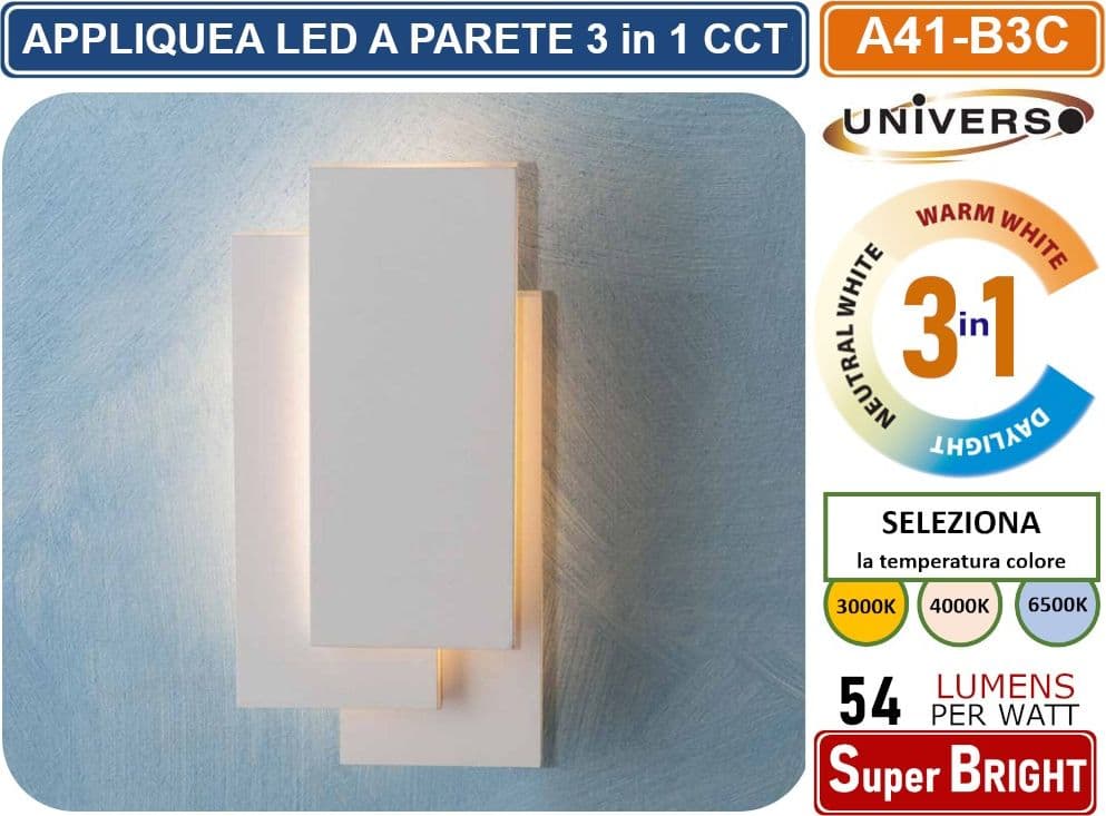 APPLIQUE LED RETTANGOLARE 12W 650 LUMEN DA INTERNO MONTAGGIO A PARETE 3 TEMPERATURE DI LUCE SELEZIONABILI CCT 3000K 4000K 6500K - 2