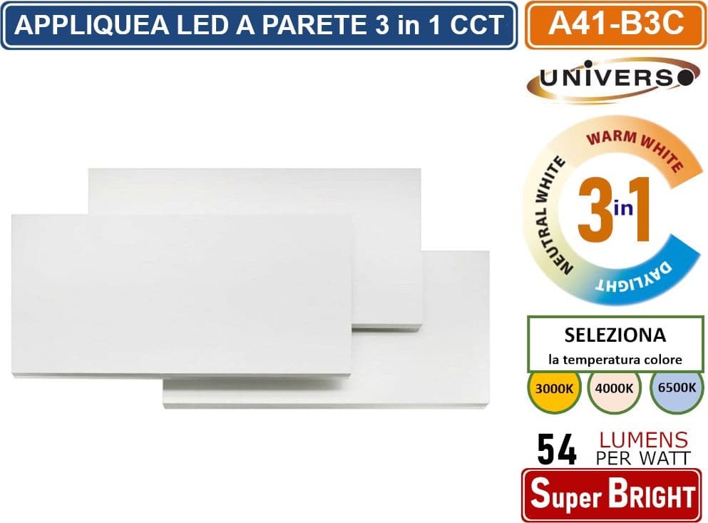 APPLIQUE LED RETTANGOLARE 12W 650 LUMEN DA INTERNO MONTAGGIO A PARETE 3 TEMPERATURE DI LUCE SELEZIONABILI CCT 3000K 4000K 6500K - 3