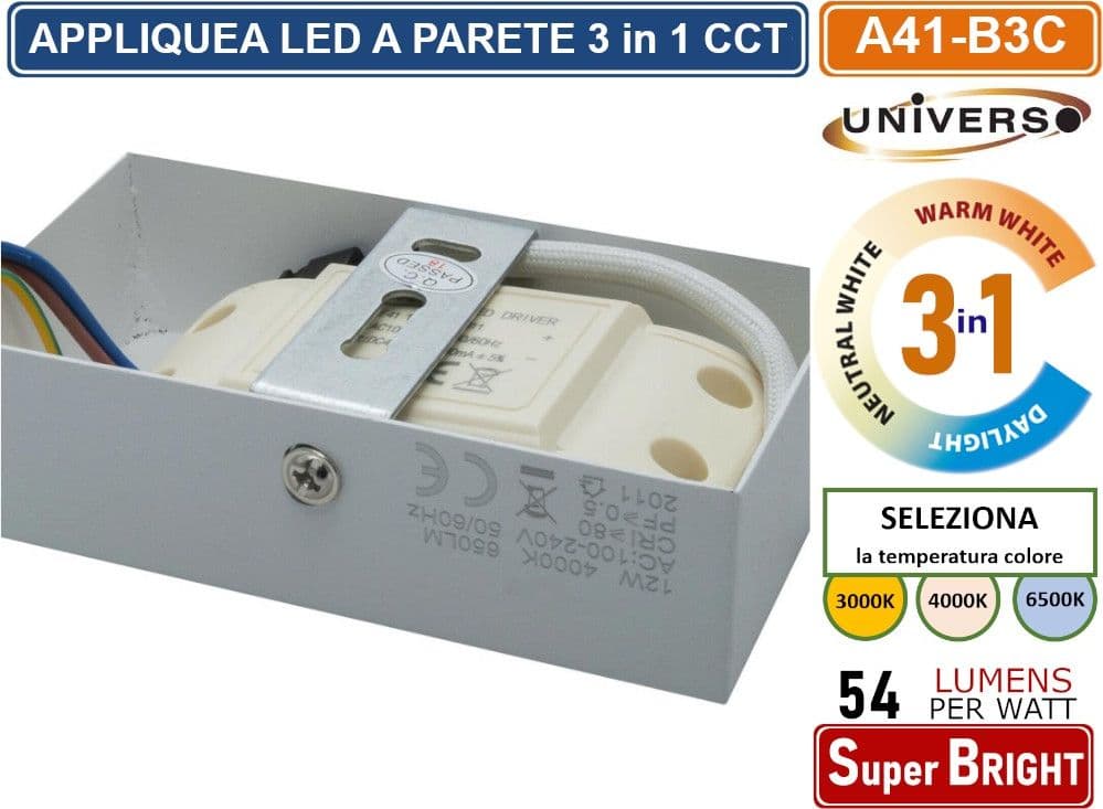 APPLIQUE LED RETTANGOLARE 12W 650 LUMEN DA INTERNO MONTAGGIO A PARETE 3 TEMPERATURE DI LUCE SELEZIONABILI CCT 3000K 4000K 6500K - 4