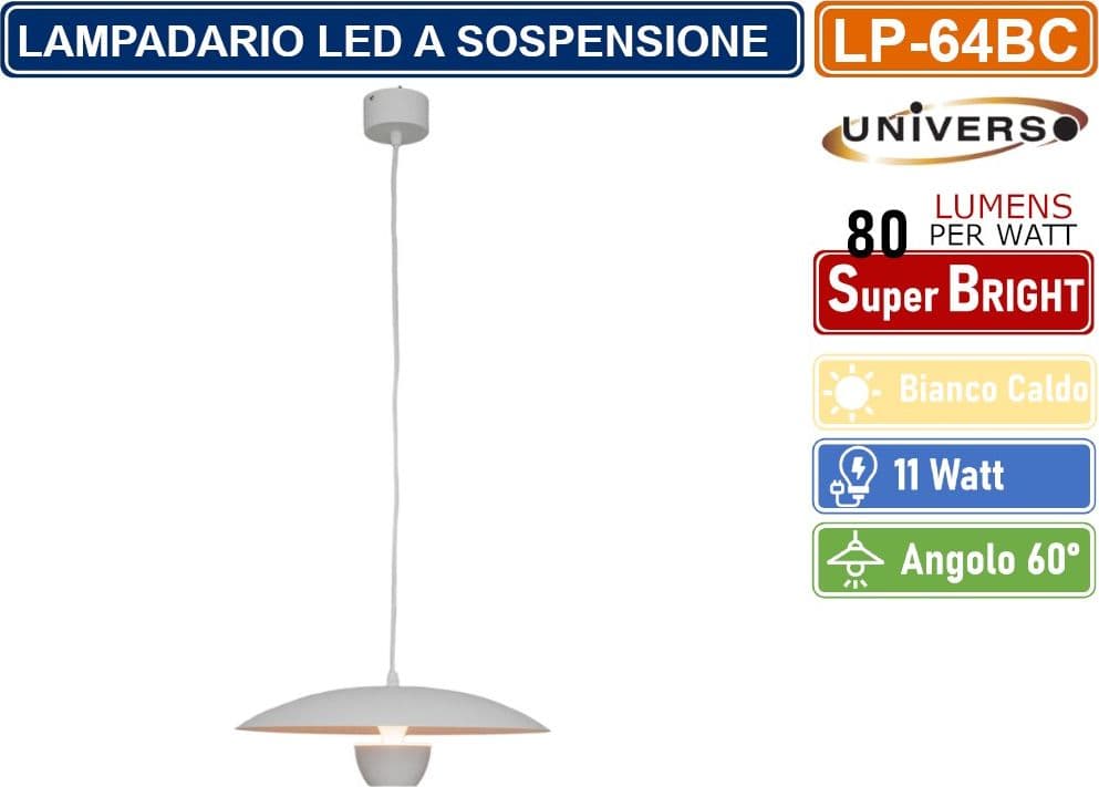 LAMPADARIO LED A SOSPENSIONE MODERNO 11W 880 LUMEN COLORE BIANCO - NERO IP20 - 2