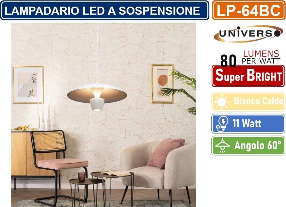 LAMPADARIO LED A SOSPENSIONE MODERNO 11W 880 LUMEN COLORE BIANCO - NERO IP20 - 4