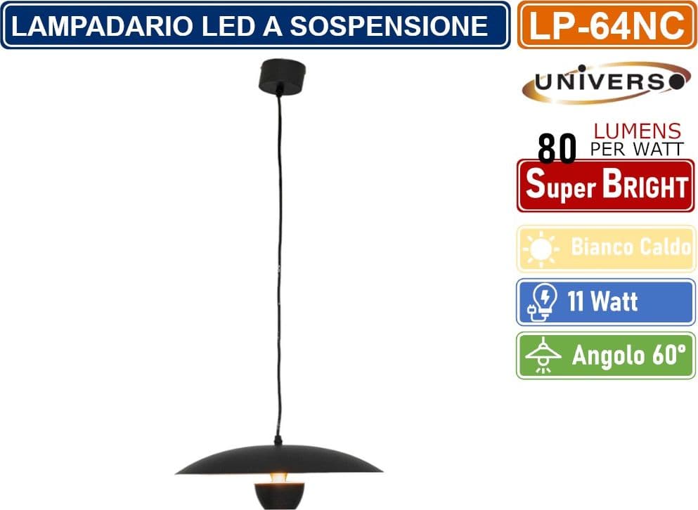 LAMPADARIO LED A SOSPENSIONE MODERNO 11W 880 LUMEN COLORE BIANCO - NERO IP20 - 5