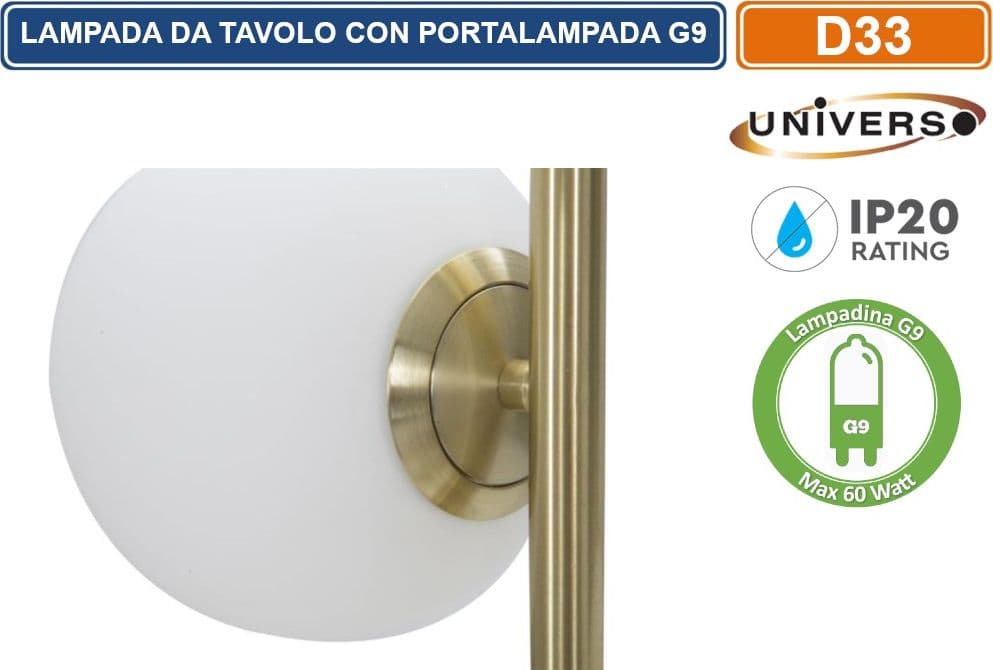 UNIVERSO LAMPADA DA TAVOLO BRONZO 3 SFERE IN METALLO E PARALUME IN VETRO CON ATTACCO G9 MAX 60W - 2