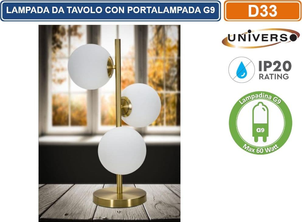 UNIVERSO LAMPADA DA TAVOLO BRONZO 3 SFERE IN METALLO E PARALUME IN VETRO CON ATTACCO G9 MAX 60W - 4