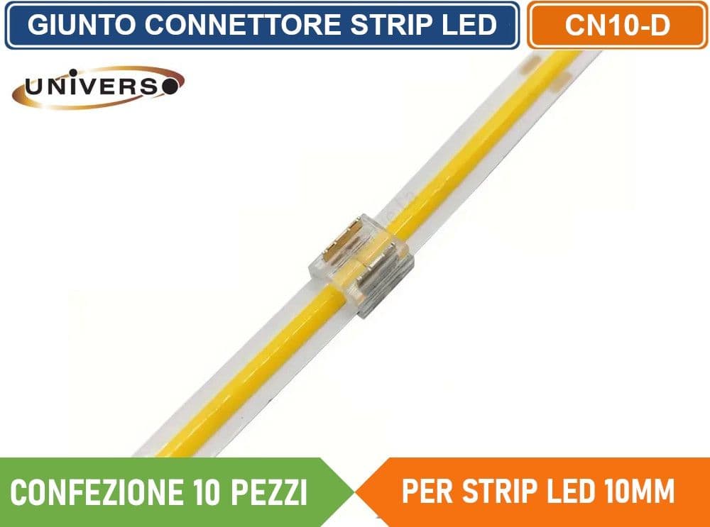 CONFEZIONE 10 PEZZI CONNETTORE TRASPARENTE LINEARE PER STRISCIA STRIP LED MONOCOLORE 2 PIN 10MM - 2