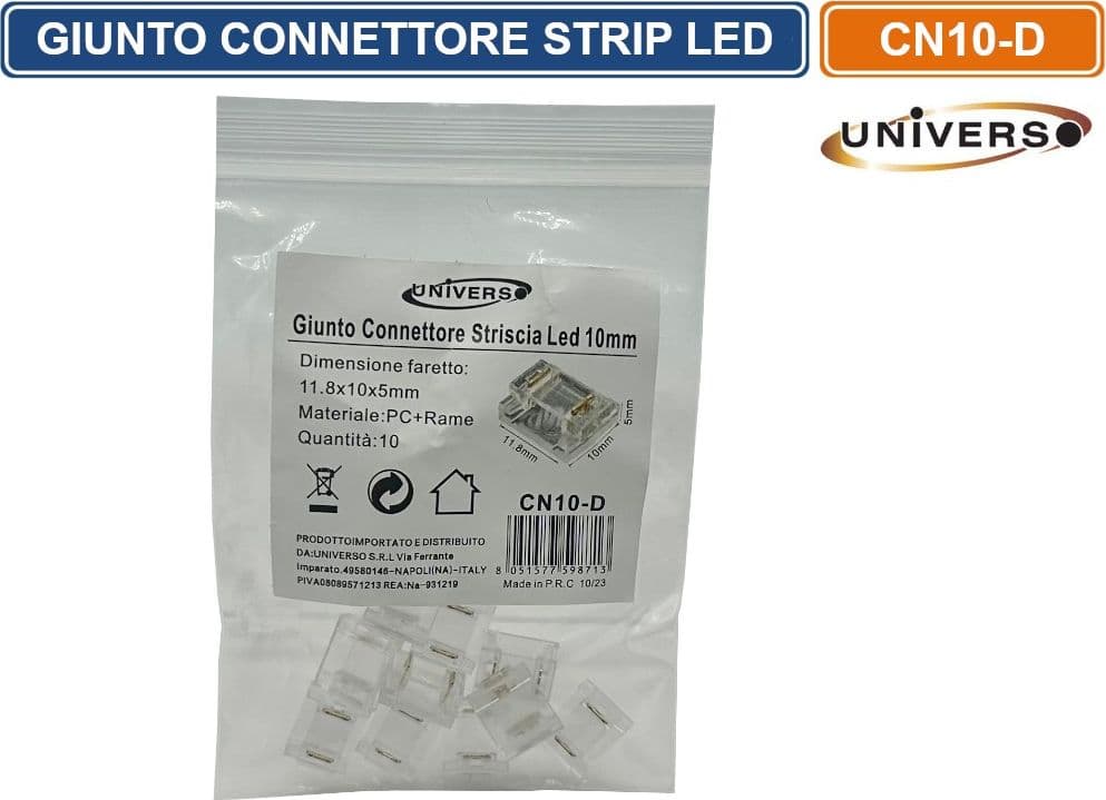 CONFEZIONE 10 PEZZI CONNETTORE TRASPARENTE LINEARE PER STRISCIA STRIP LED MONOCOLORE 2 PIN 10MM - 3