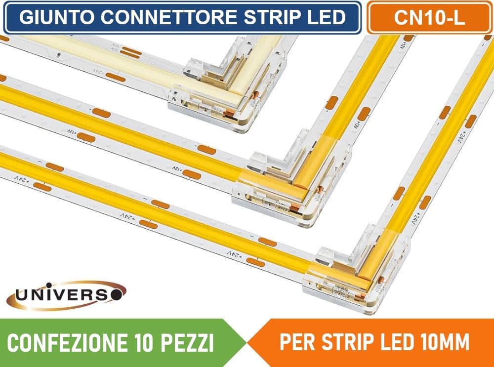 CONFEZIONE 10 PEZZI CONNETTORE TRASPARENTE ANGOLARE PER STRISCIA STRIP LED MONOCOLORE 2 PIN 10MM - 2