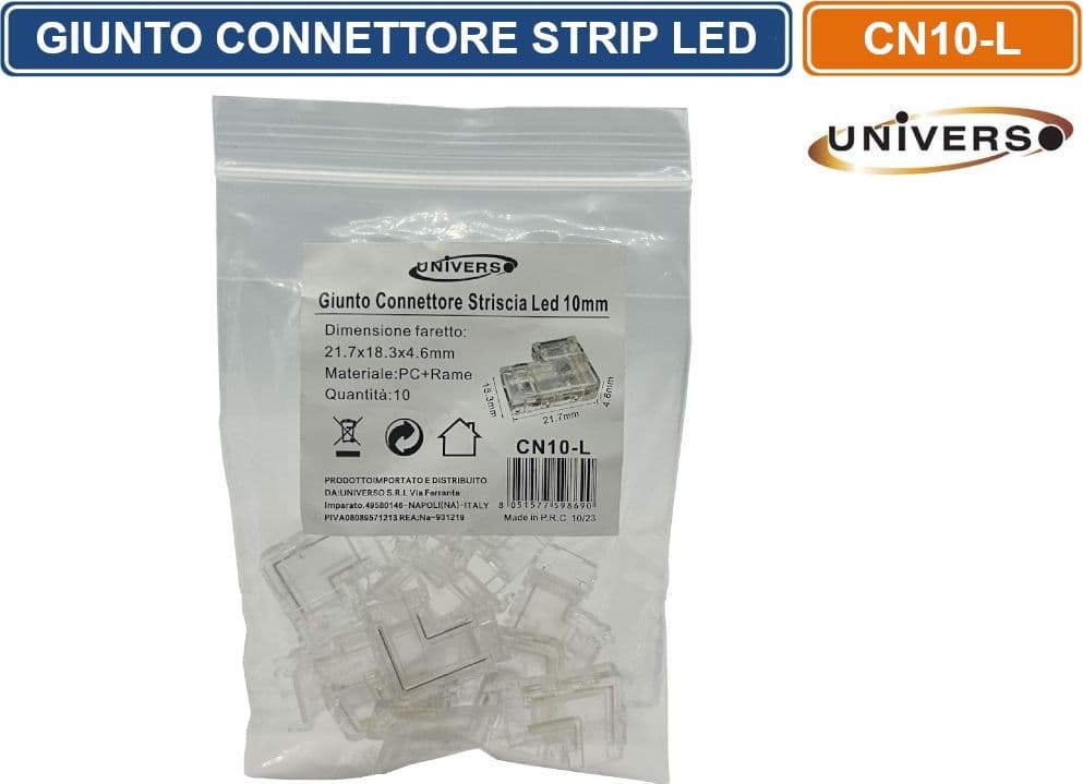 CONFEZIONE 10 PEZZI CONNETTORE TRASPARENTE ANGOLARE PER STRISCIA STRIP LED MONOCOLORE 2 PIN 10MM - 3