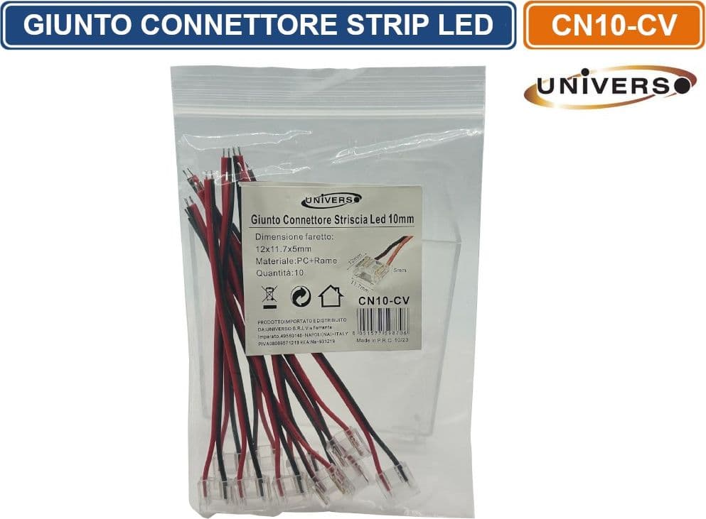 CONFEZIONE 10 PEZZI CONNETTORE ALIMENTAZIONE PER STRISCIA STRIP LED MONOCOLORE 2 PIN 10MM - 3