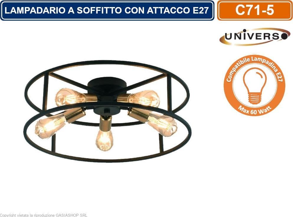 PLAFONIERA LAMPADARIO DA SOFFITTO CIRCOLARE STILE INDUSTRIALE CON 5 ATTACCHI PER LAMPADINE E27 - 5