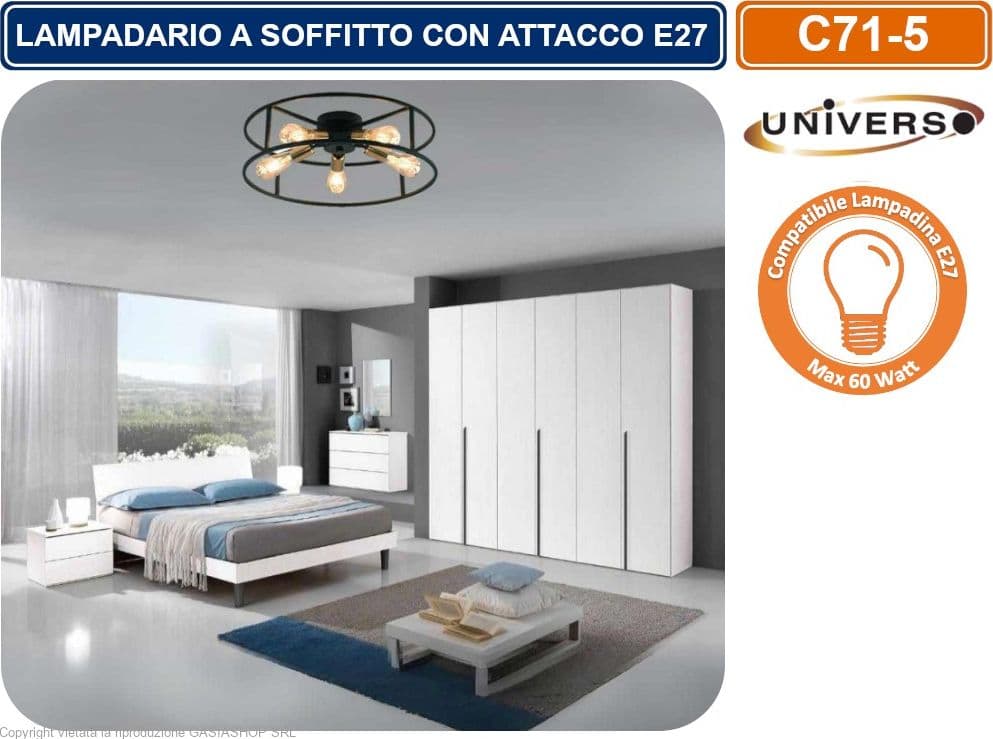 PLAFONIERA LAMPADARIO DA SOFFITTO CIRCOLARE STILE INDUSTRIALE CON 5 ATTACCHI PER LAMPADINE E27 - 2